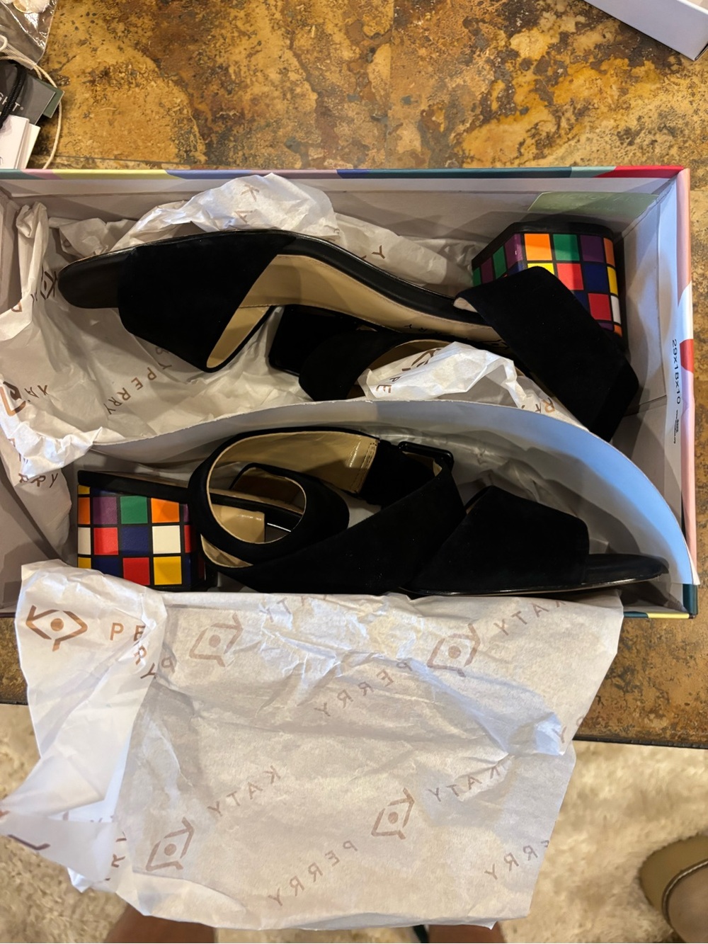 Katy Perry Collections Black Suede Open-Toe Heels with Multicolor Block Heel